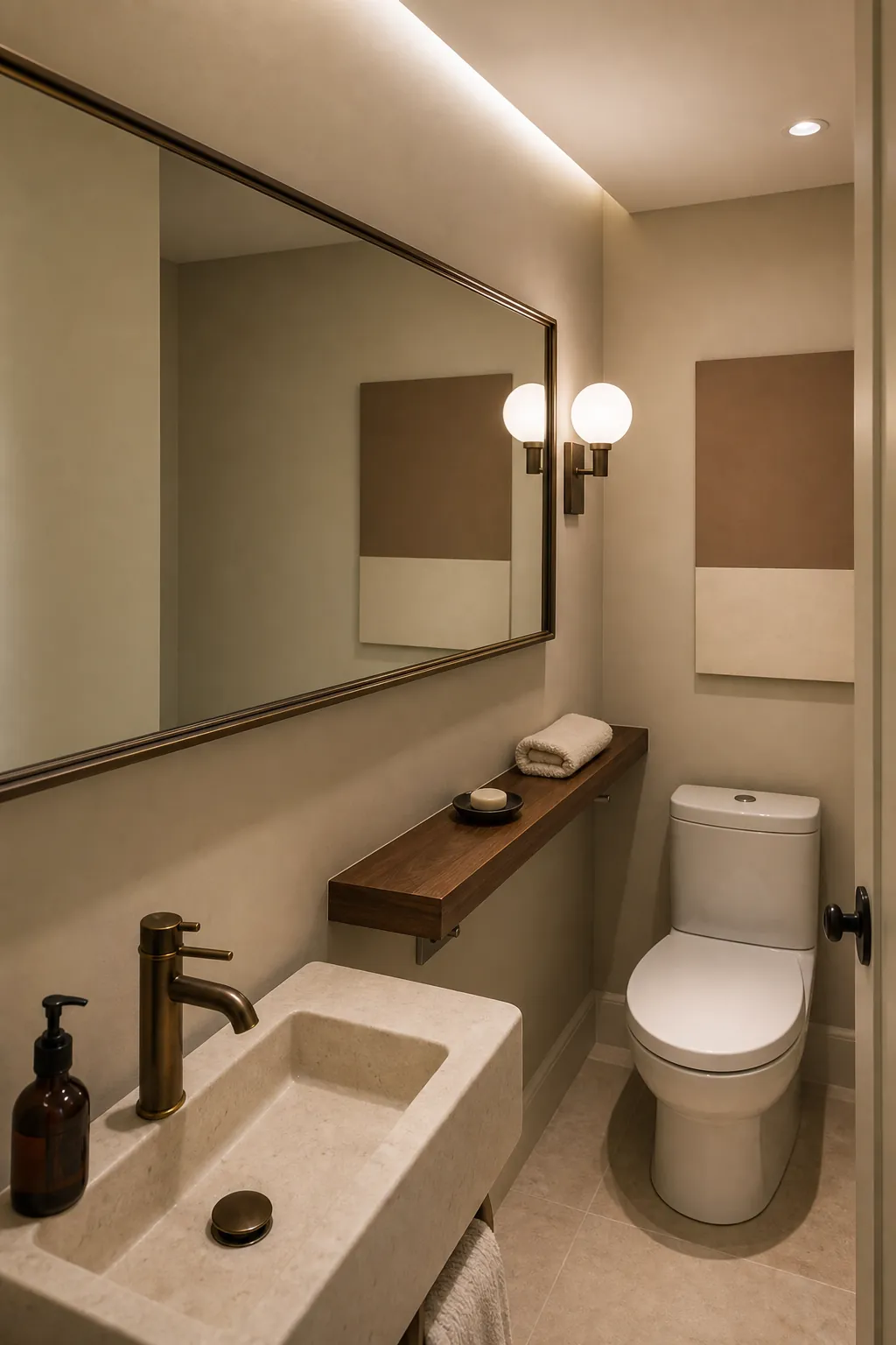 Long mirror reflecting light through a narrow powder room