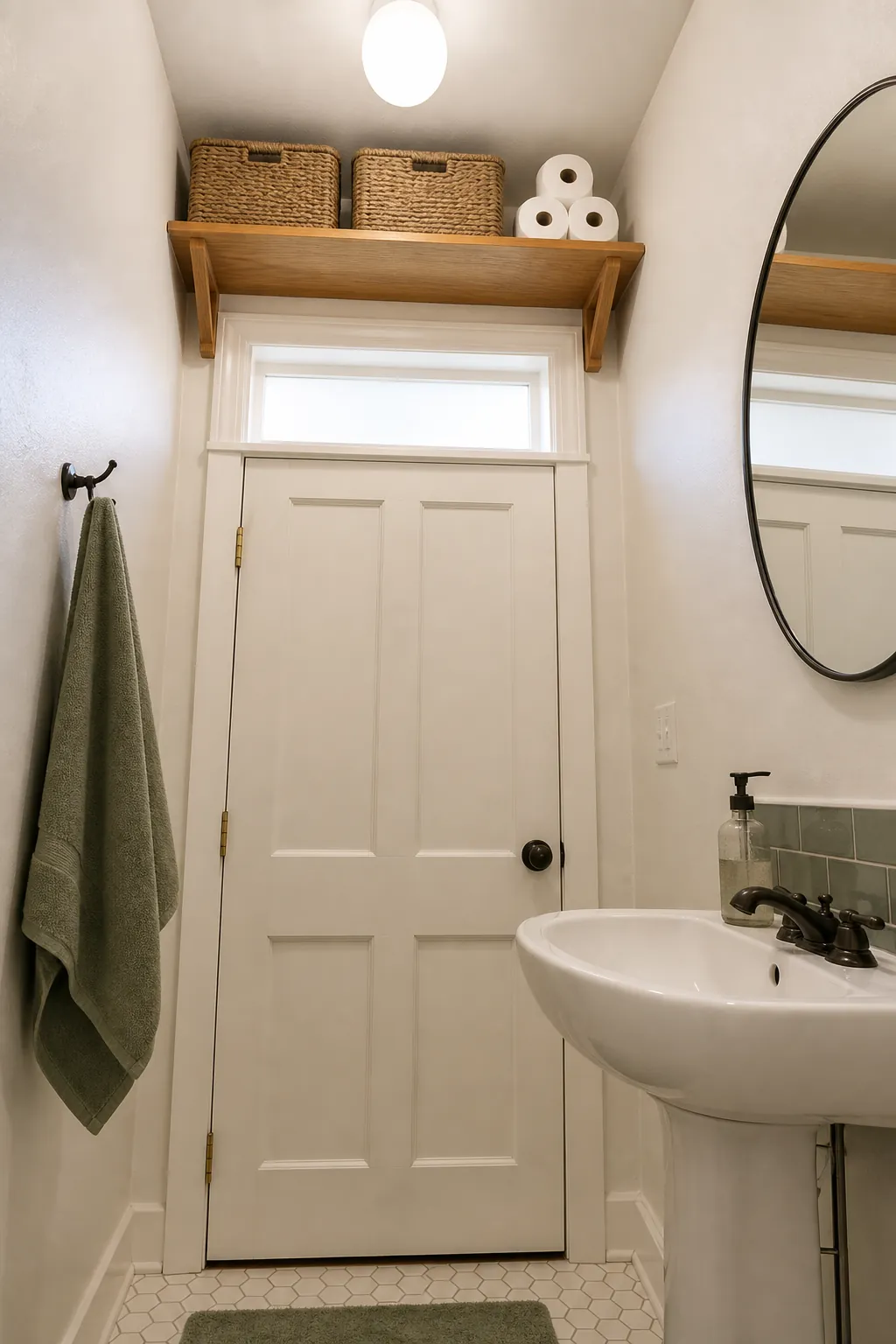 High shelf above the door in a narrow half bathroom