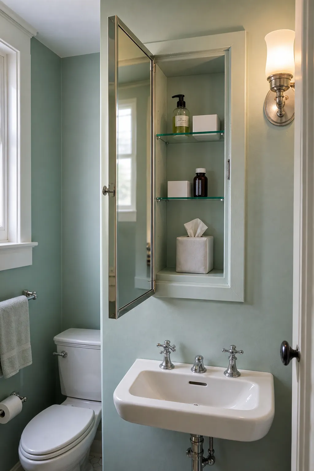 Recessed mirrored medicine cabinet in a tiny half bath