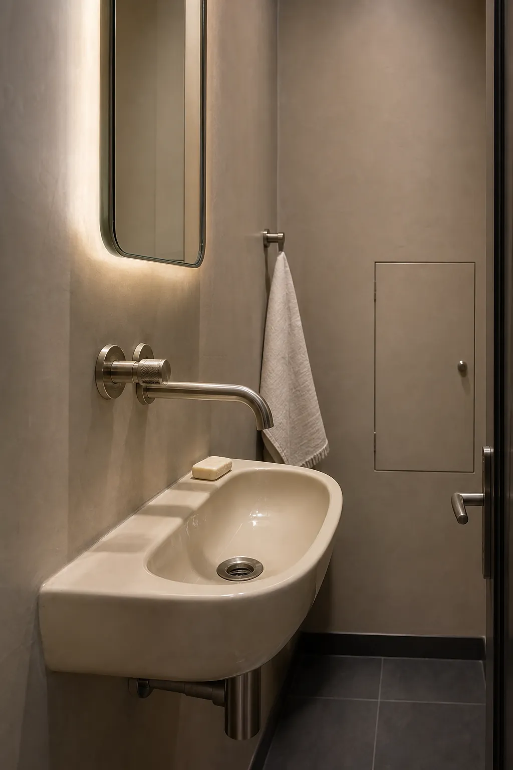 Wall-mounted faucet freeing space around a narrow mini basin