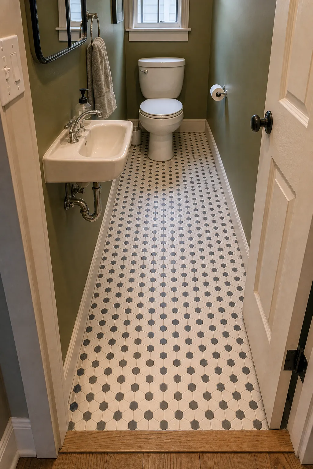 Continuous small-format floor tile leading through a narrow half bath