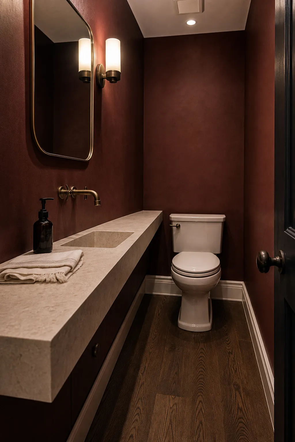 Slim stone sink ledge in a narrow half bathroom