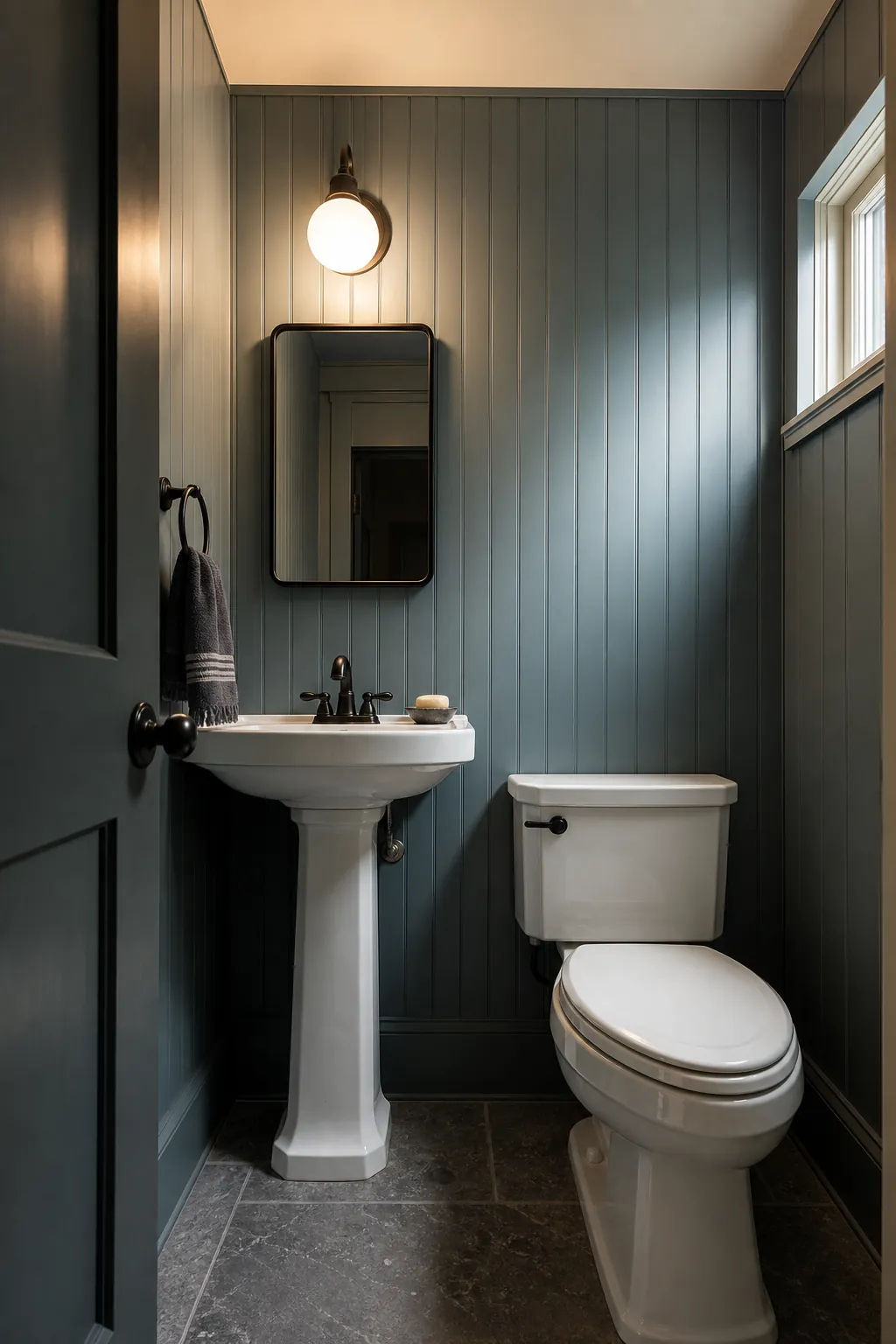 Vertical painted paneling drawing the eye upward in a narrow powder room