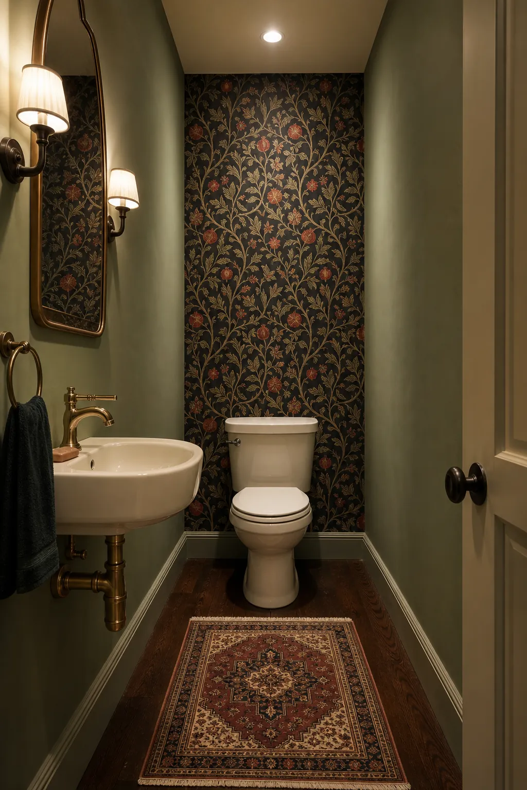 Patterned end wall creating a focal point in a long narrow powder room