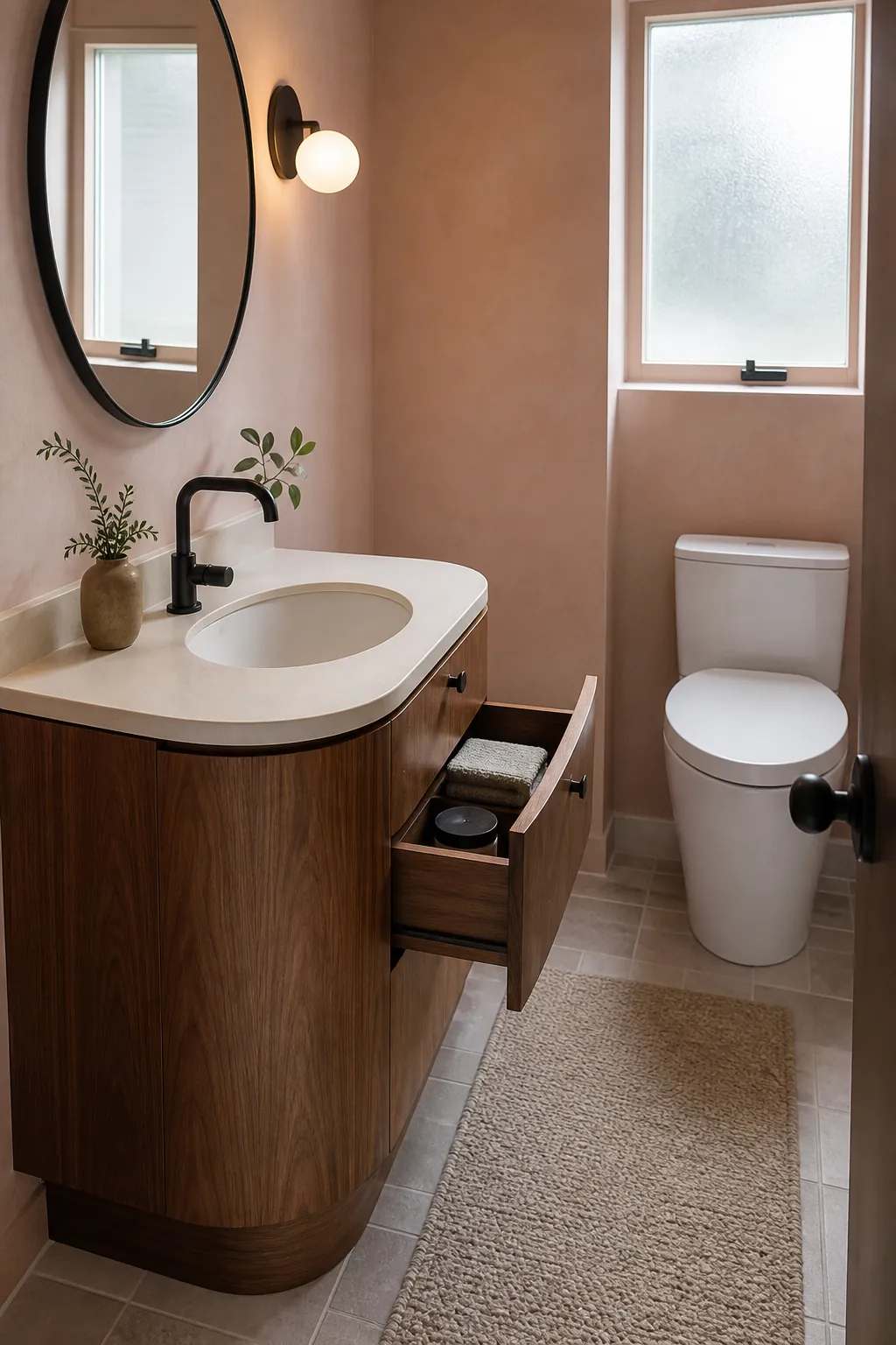 Rounded vanity corners easing circulation in a narrow half bath