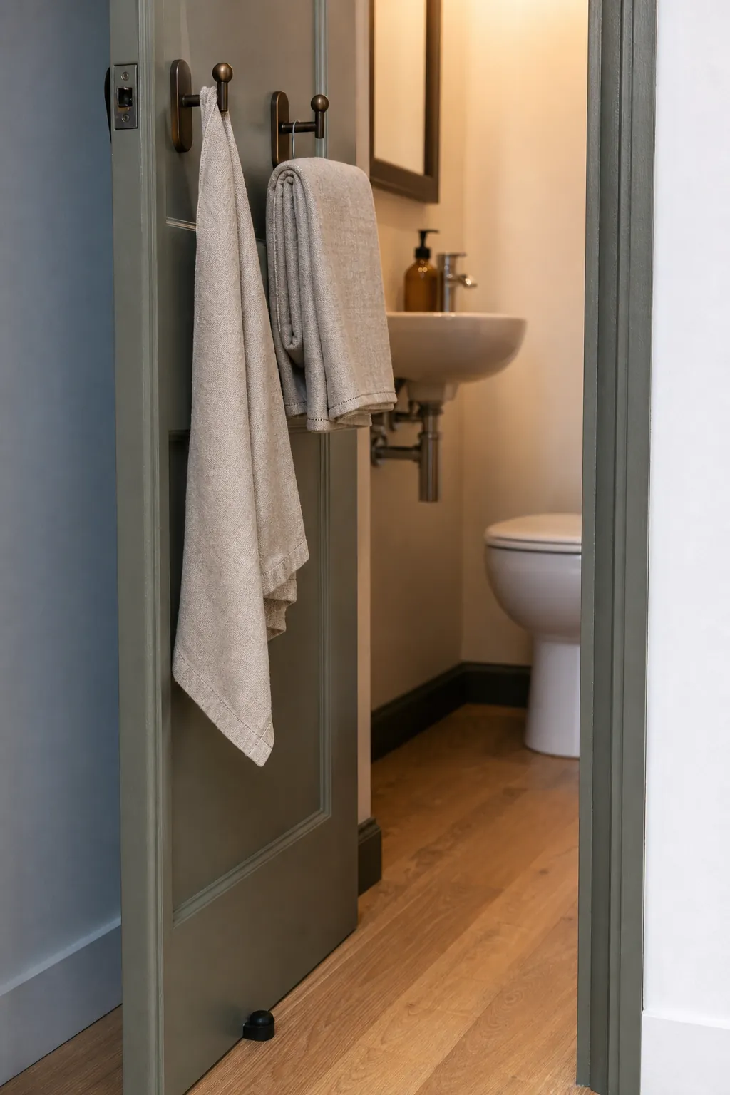 Low-profile towel hooks behind the door of a tiny half bathroom