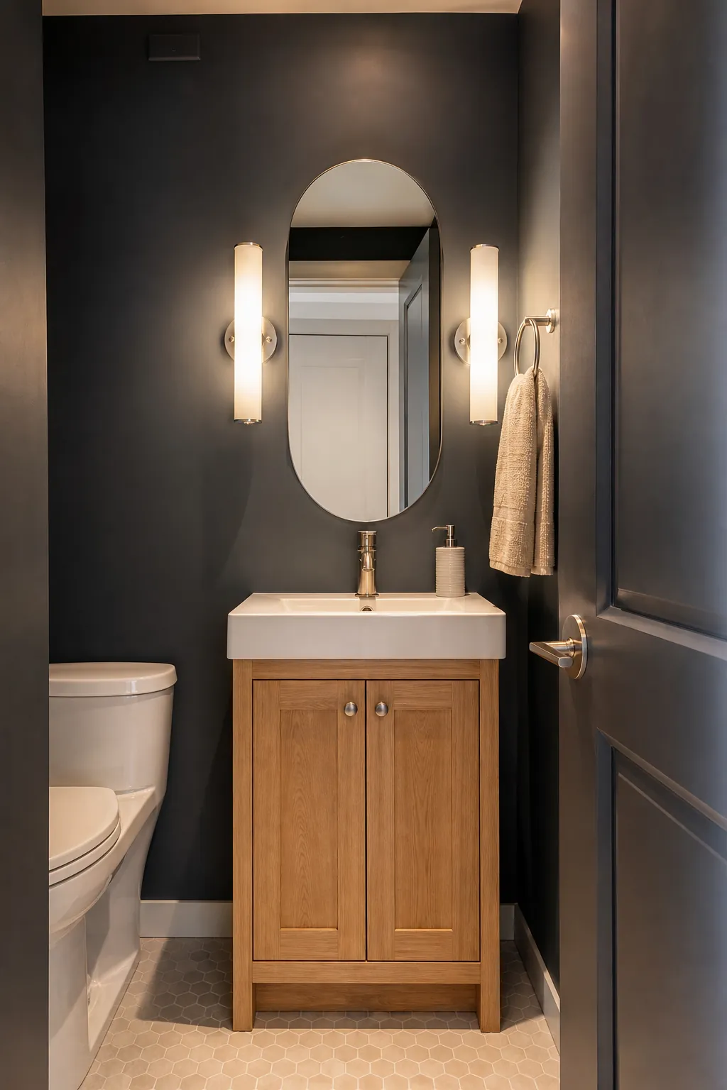 Slim side sconces providing flattering light in a narrow half bath