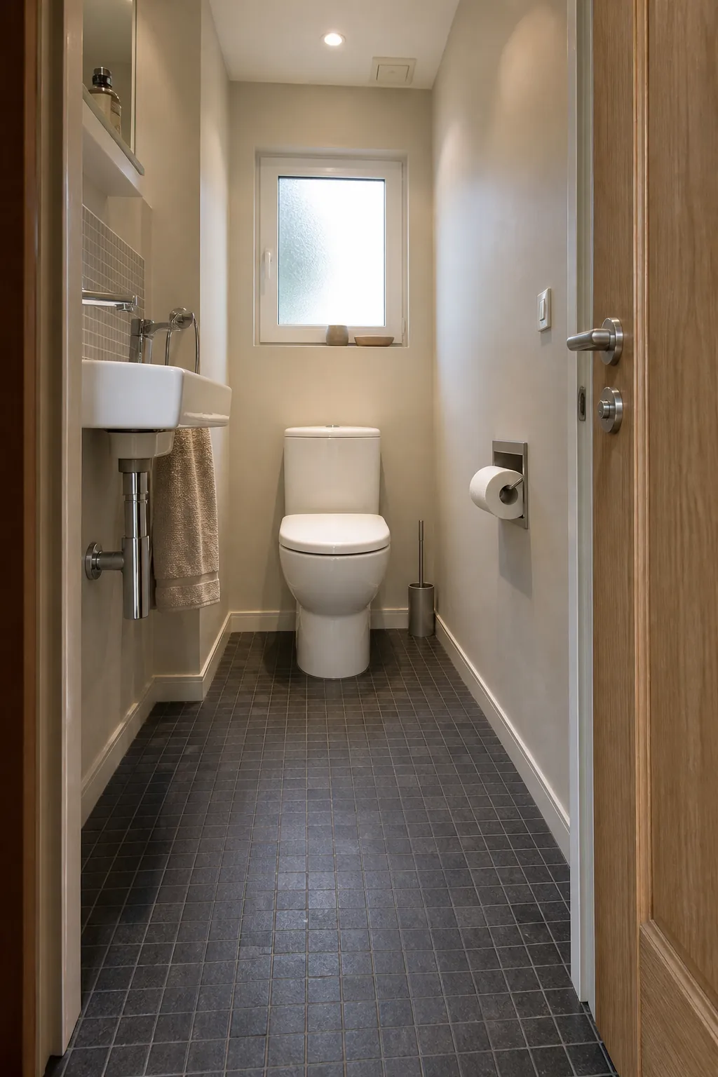 Short-projection toilet increasing clearance in a narrow water closet