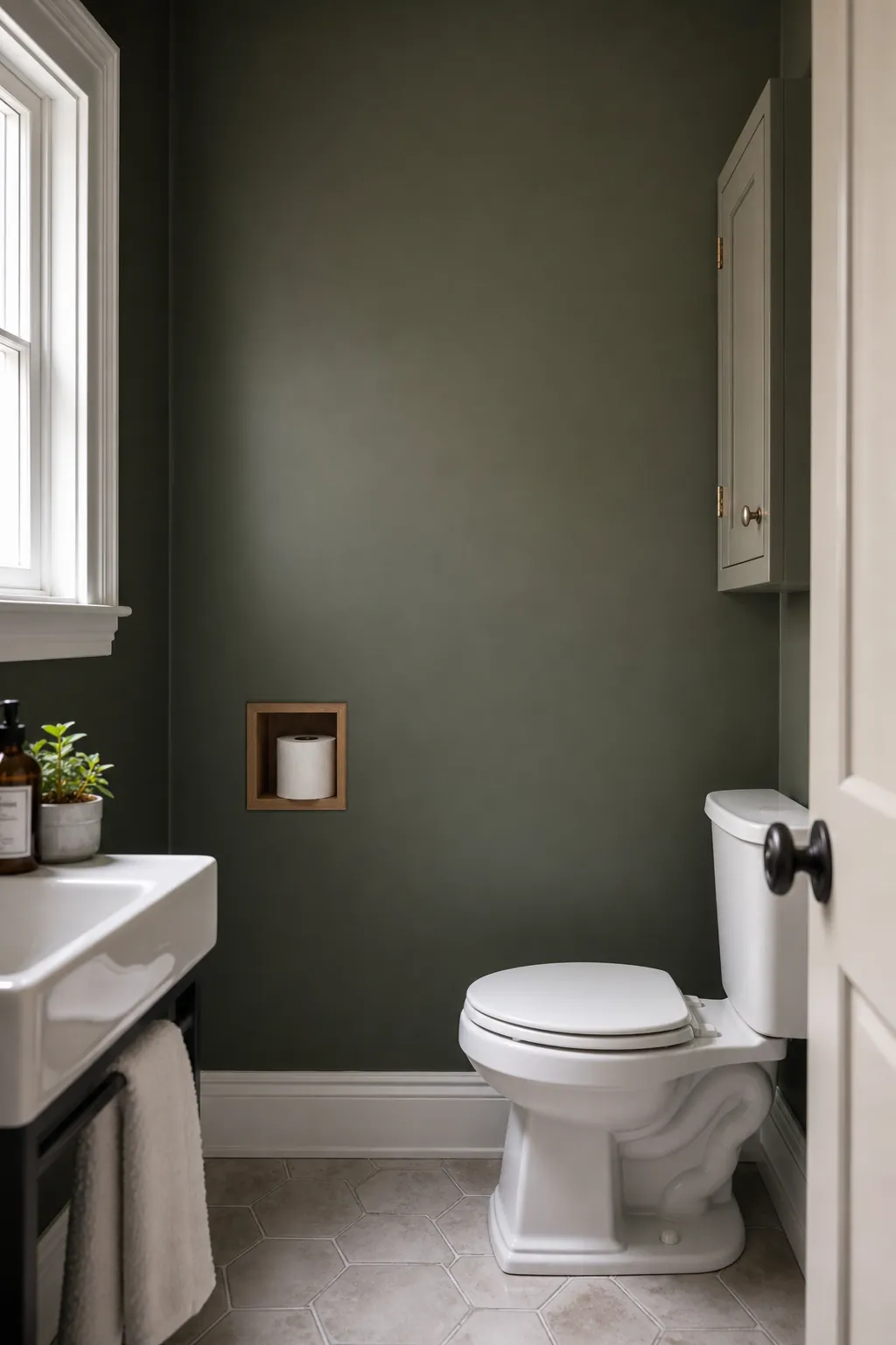 Uncluttered toilet wall keeping a tiny narrow powder room calm
