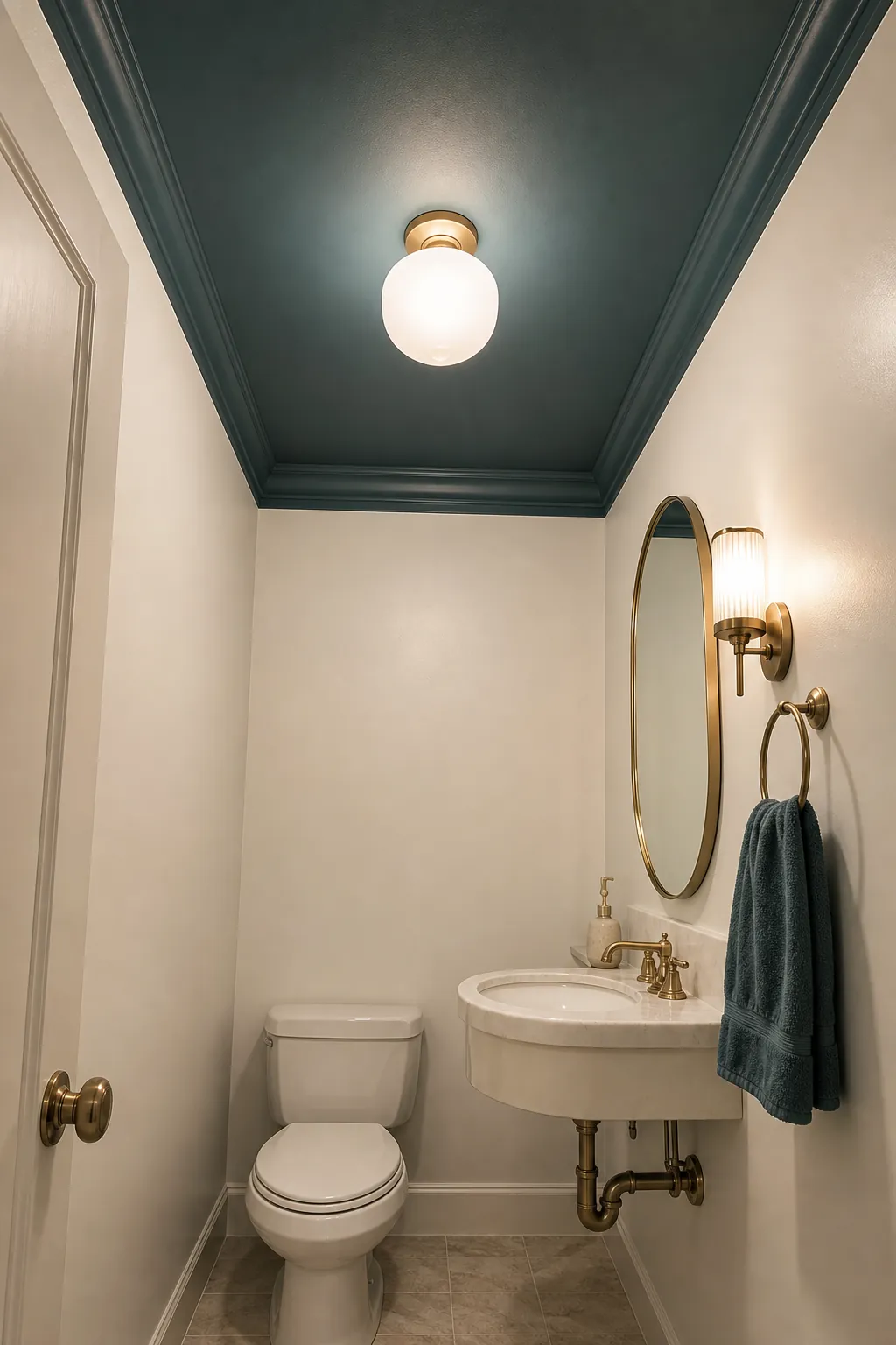 Rich painted ceiling adding character to a narrow tiny half bath