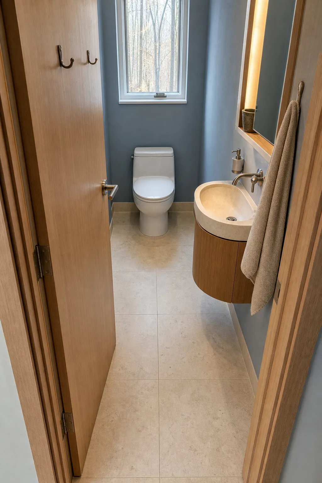 Clear walking center line through a narrow half bathroom