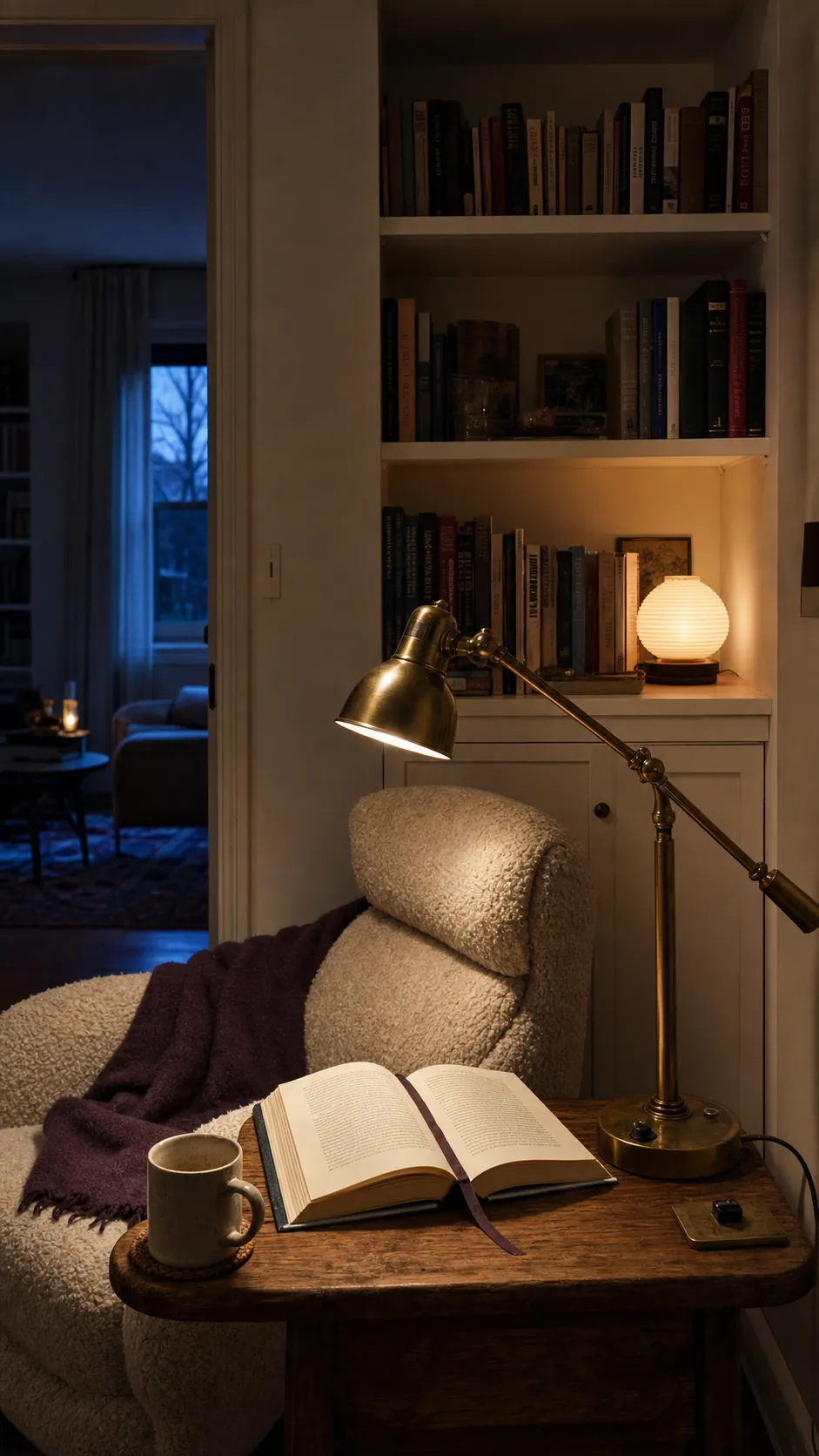 Layered task and ambient lighting in a warm book nook