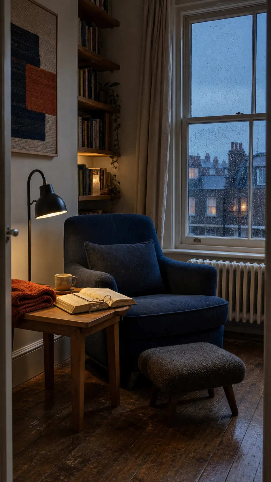 Cozy book nook retreat with supportive chair, layered lighting, and edited shelves