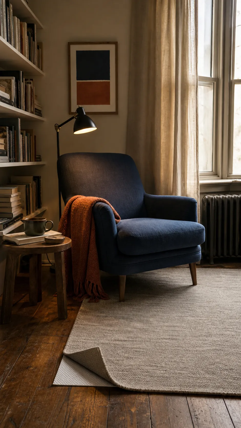 Reading nook softened with a wool rug, lined curtains, and a tactile throw