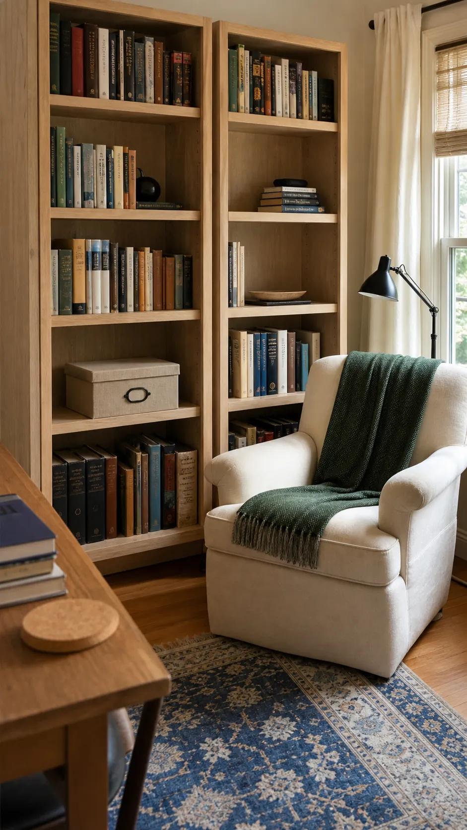 Calm edited bookshelves beside a comfortable reading chair