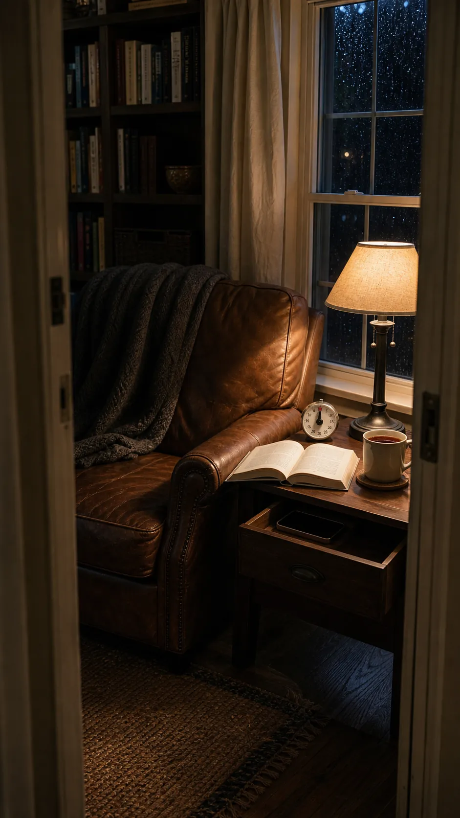 Evening reading ritual with an open book and warm lamp in a quiet nook