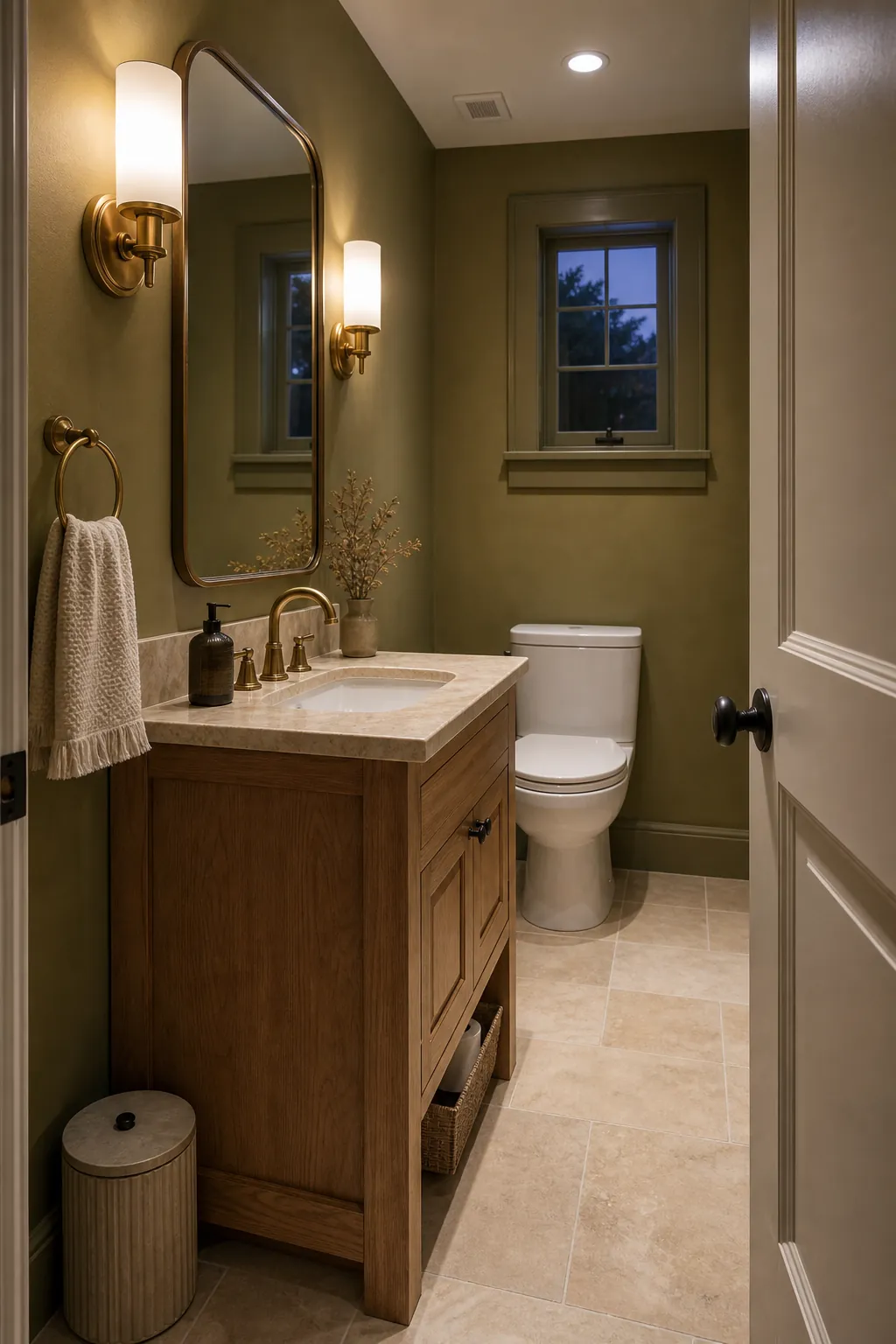 Welcoming guest half bathroom with warm lighting and useful supplies