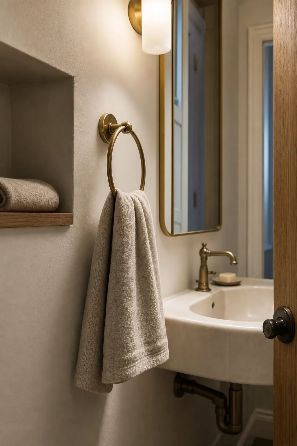 Fresh guest hand towel clearly placed beside a powder room sink