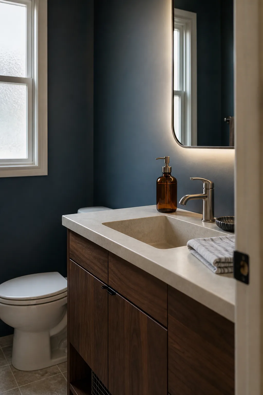 Easy-to-see soap dispenser on an uncluttered guest half bath sink