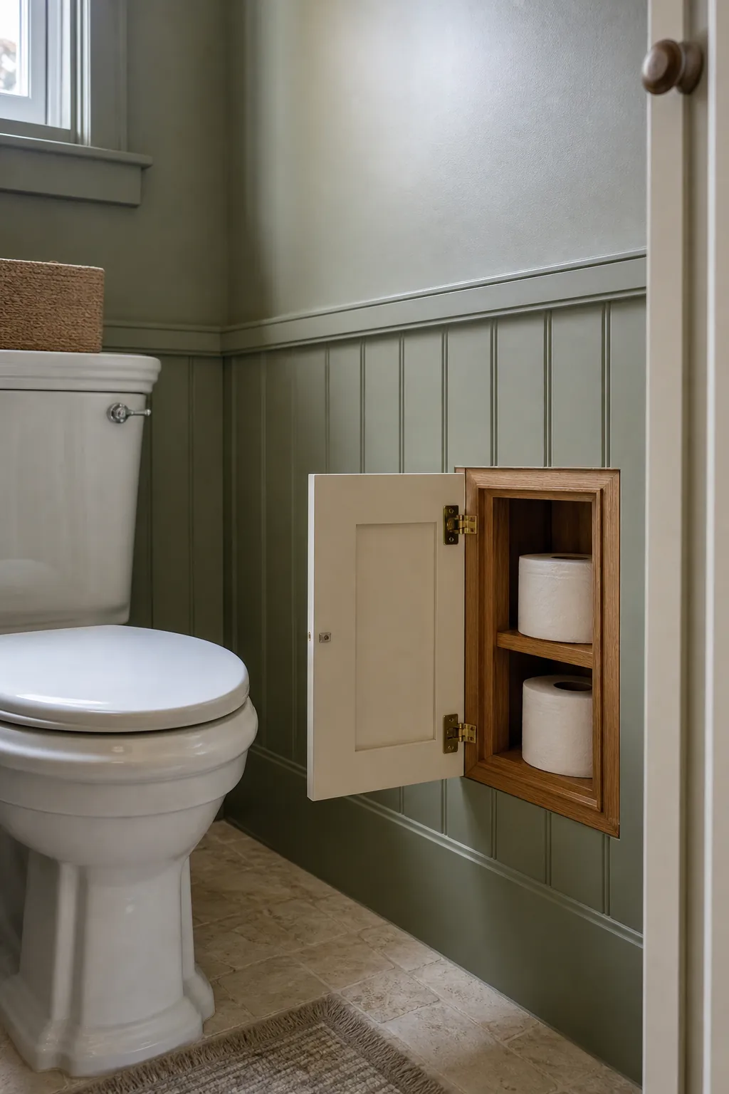 Discreet spare toilet paper storage within reach in a guest half bath