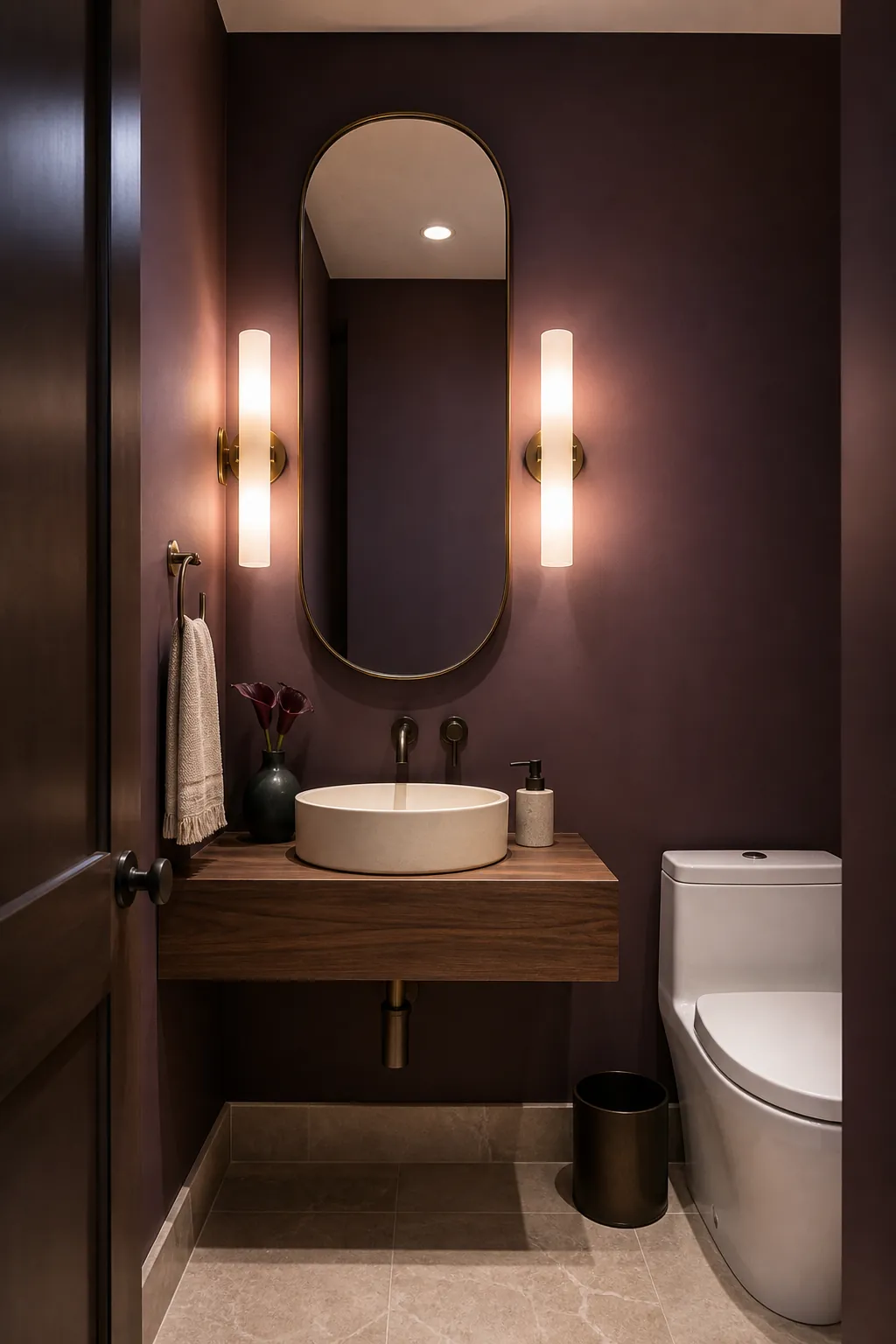 Warm face-level sconces beside a guest bathroom mirror