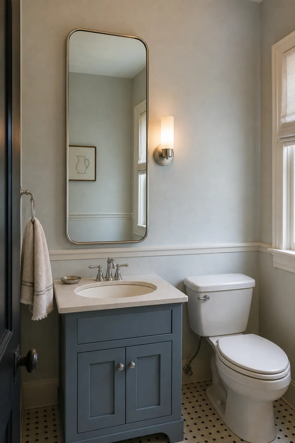 Tall practical mirror above a compact guest half bath vanity