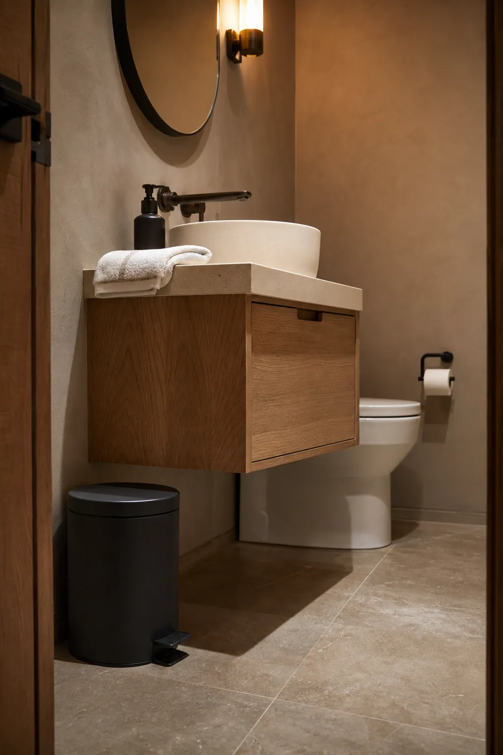 Small lidded waste bin tucked beside a guest powder room vanity