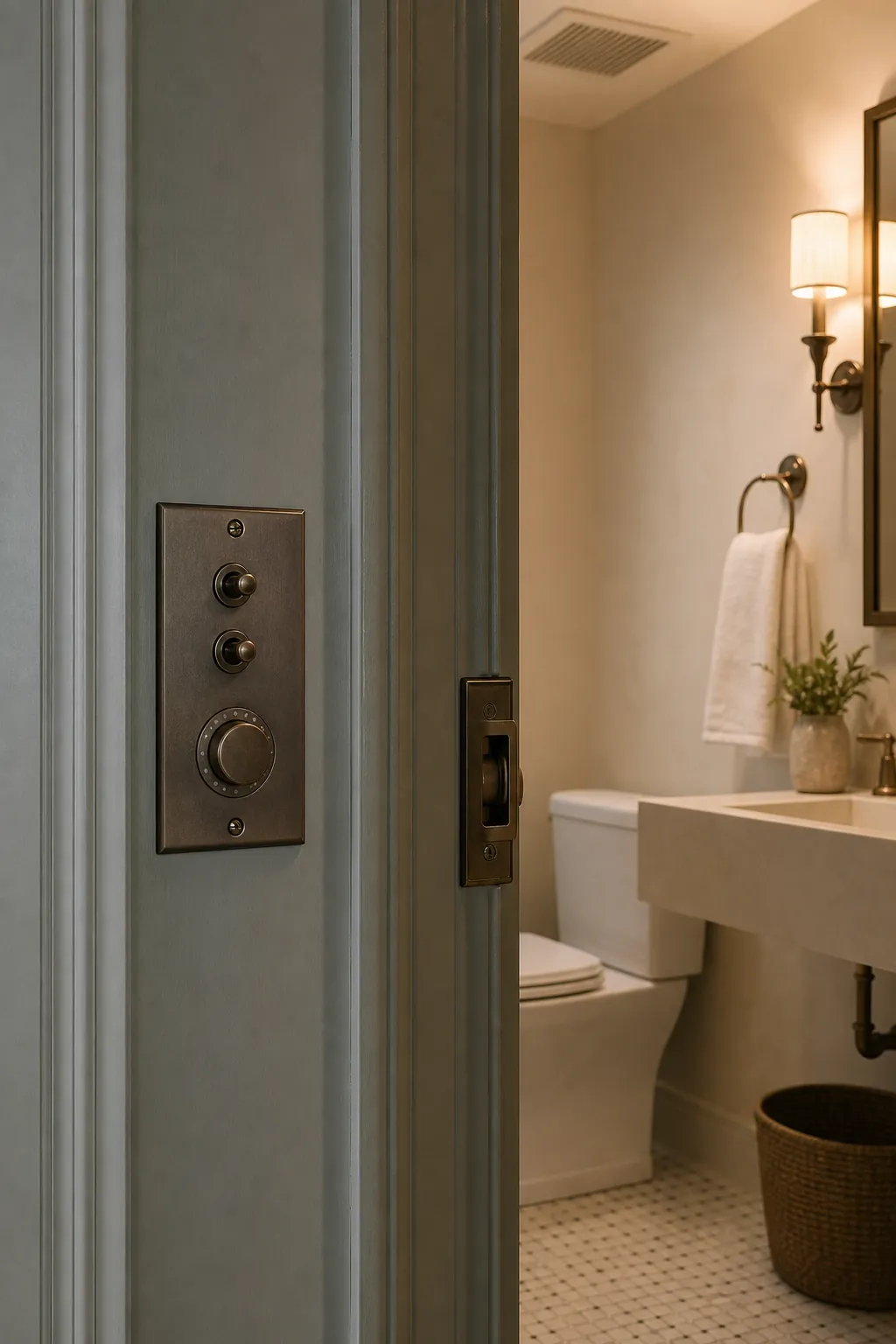 Clearly arranged fan and light switches in a guest half bath without text