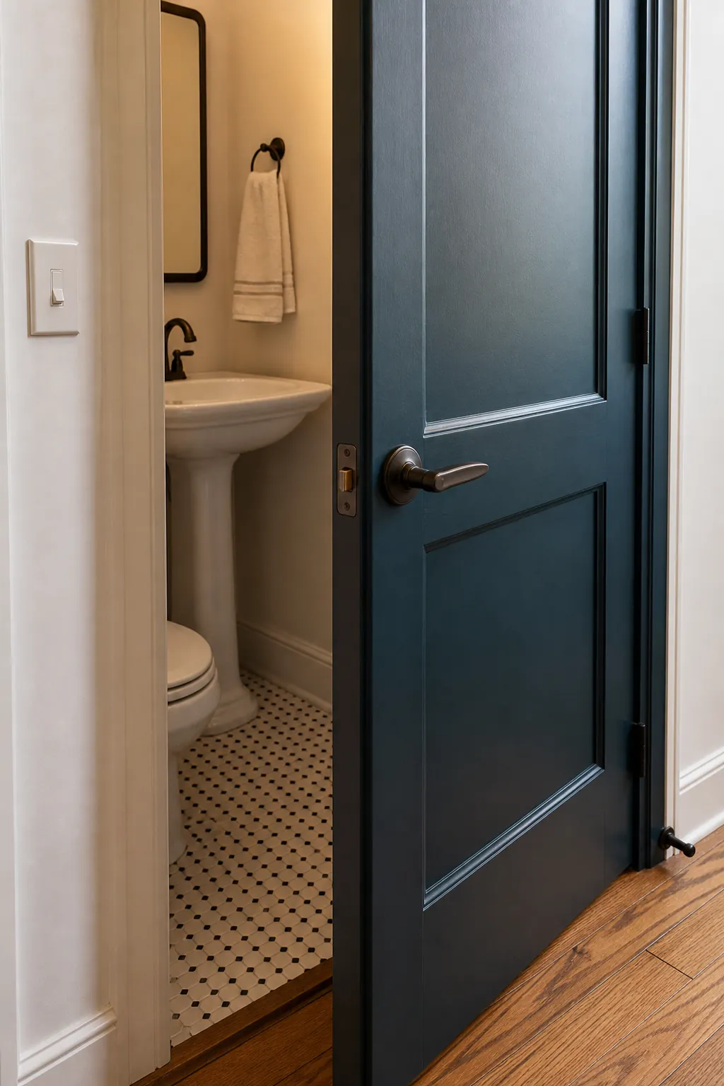 Secure privacy latch on a well-fitted guest powder room door