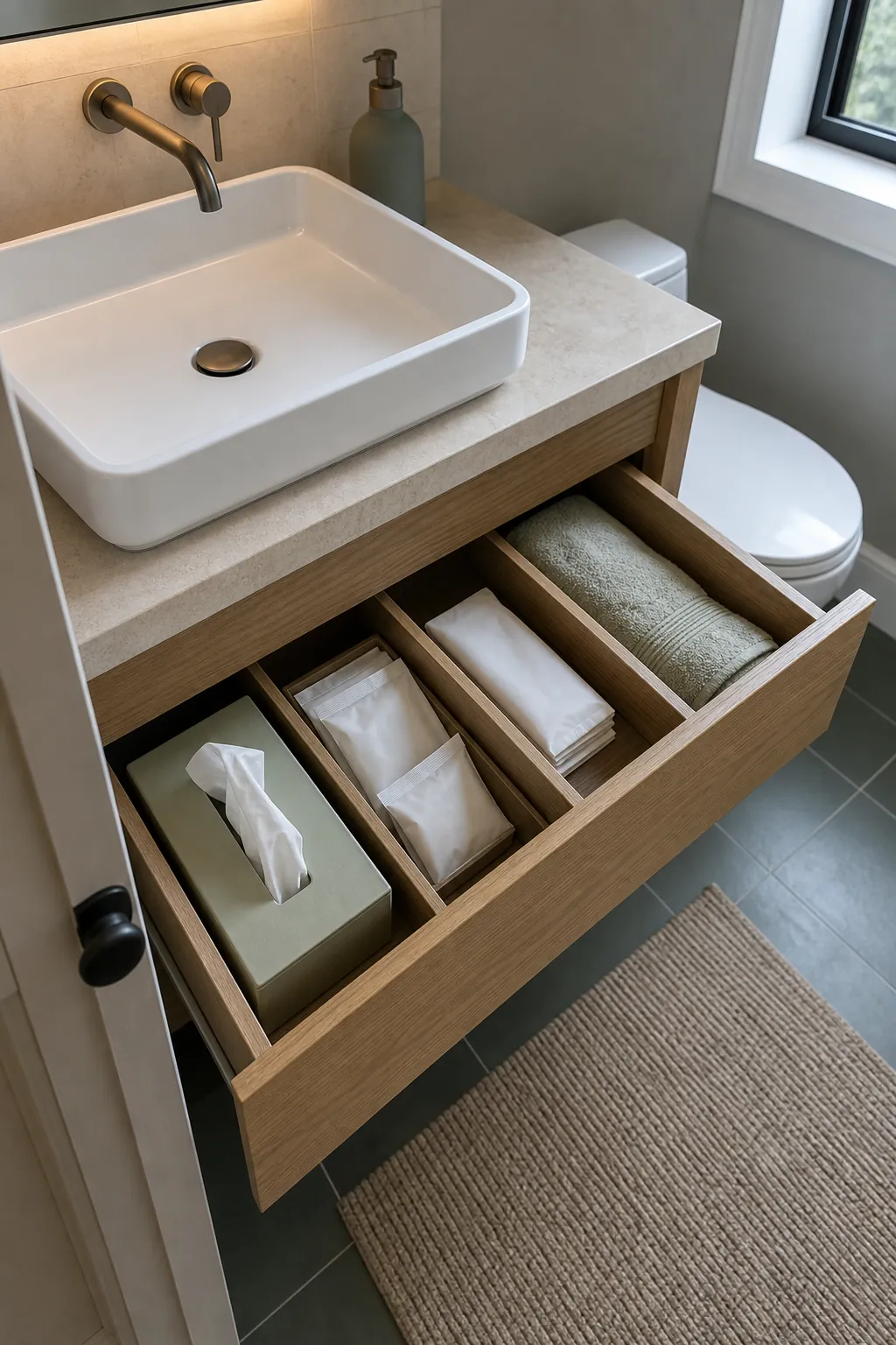Organized guest essentials drawer inside a compact half bath vanity