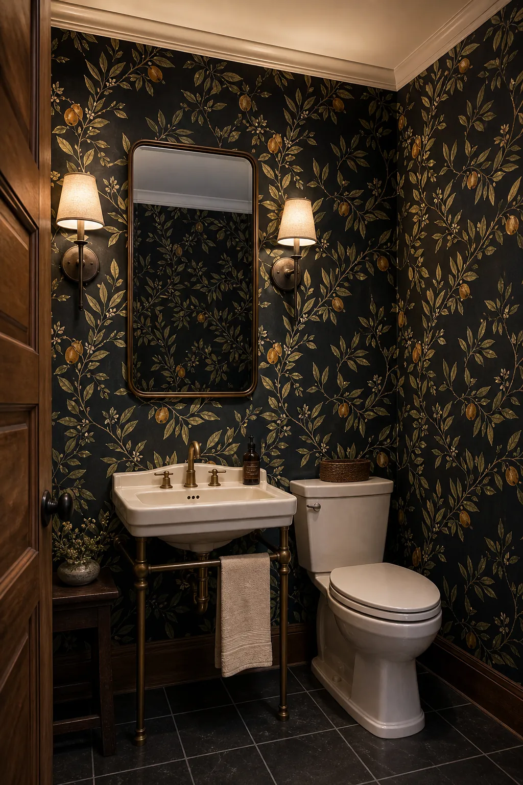 Block-print wallpaper creating a memorable guest powder room wall