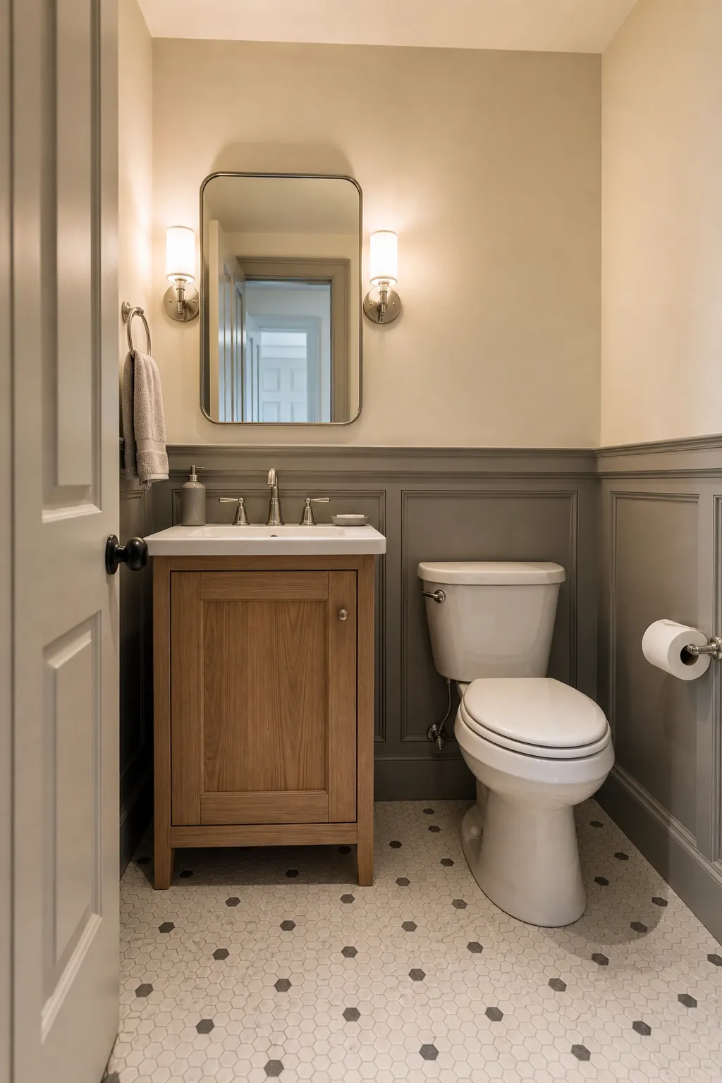 Wipeable painted wainscoting in a busy guest half bathroom