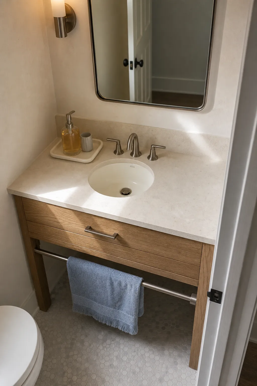 Uncluttered guest half bath counter with soap and one towel only