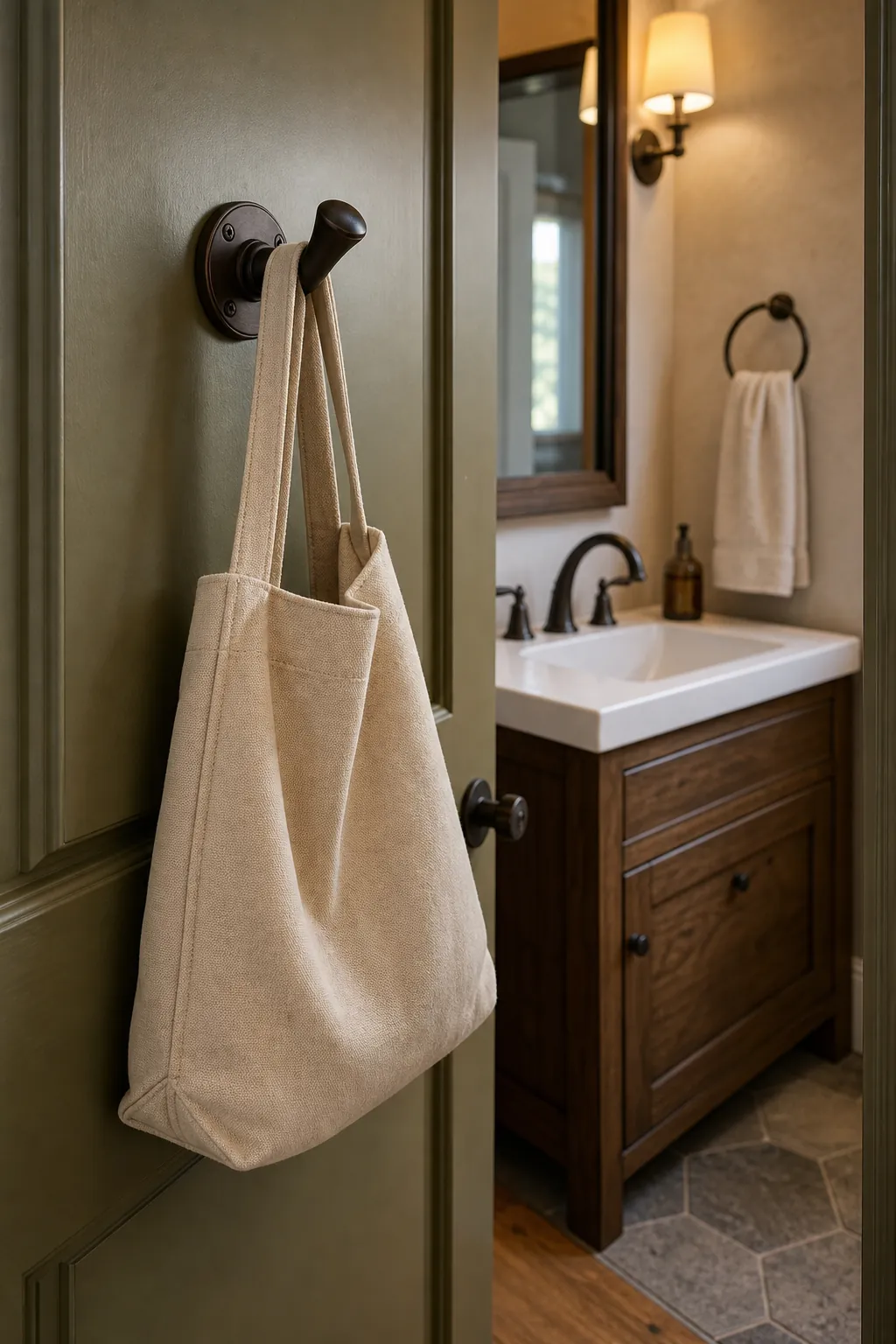 Sturdy guest bag hook on the back of a powder room door