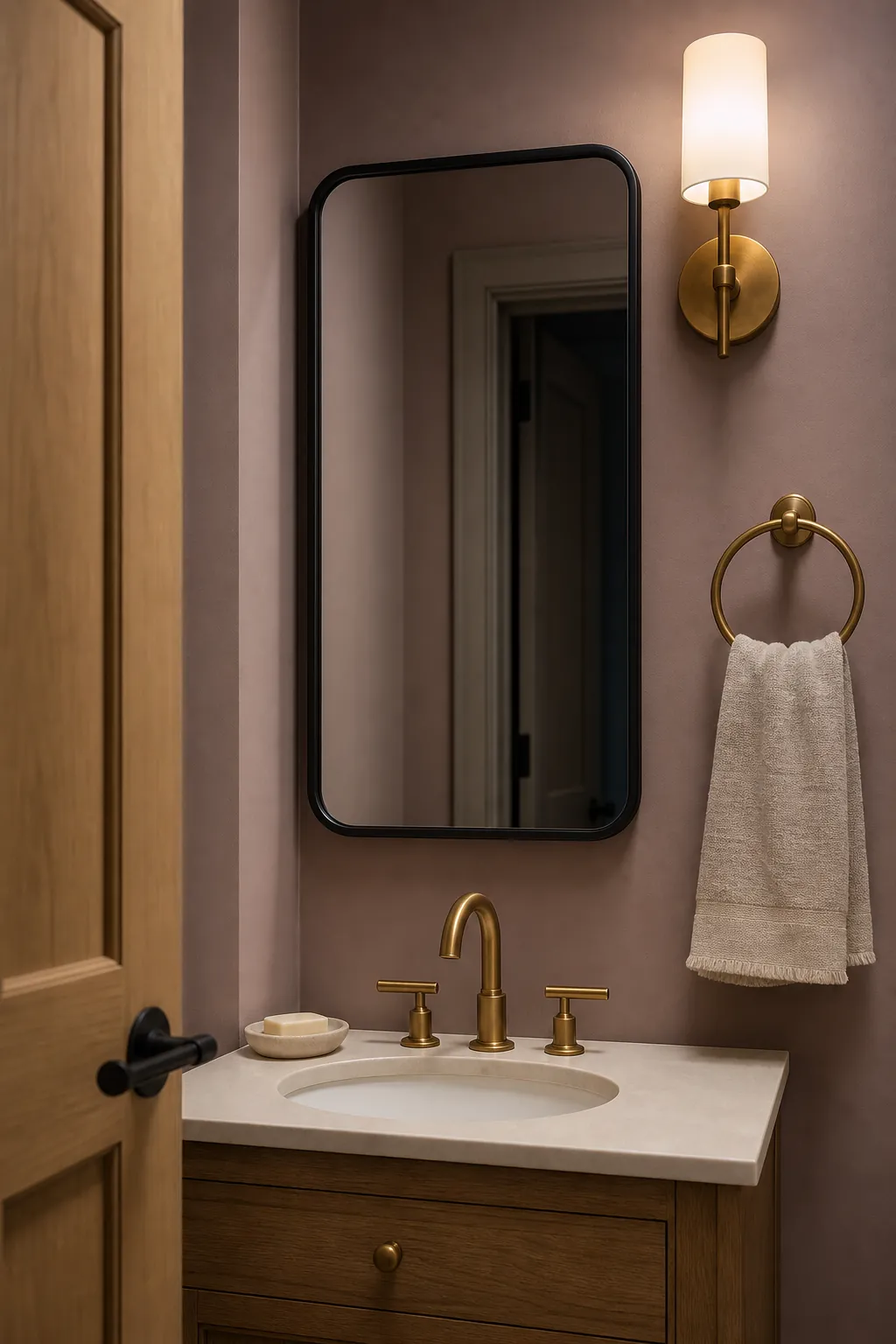 Coordinated brass and black hardware in a modern guest half bath