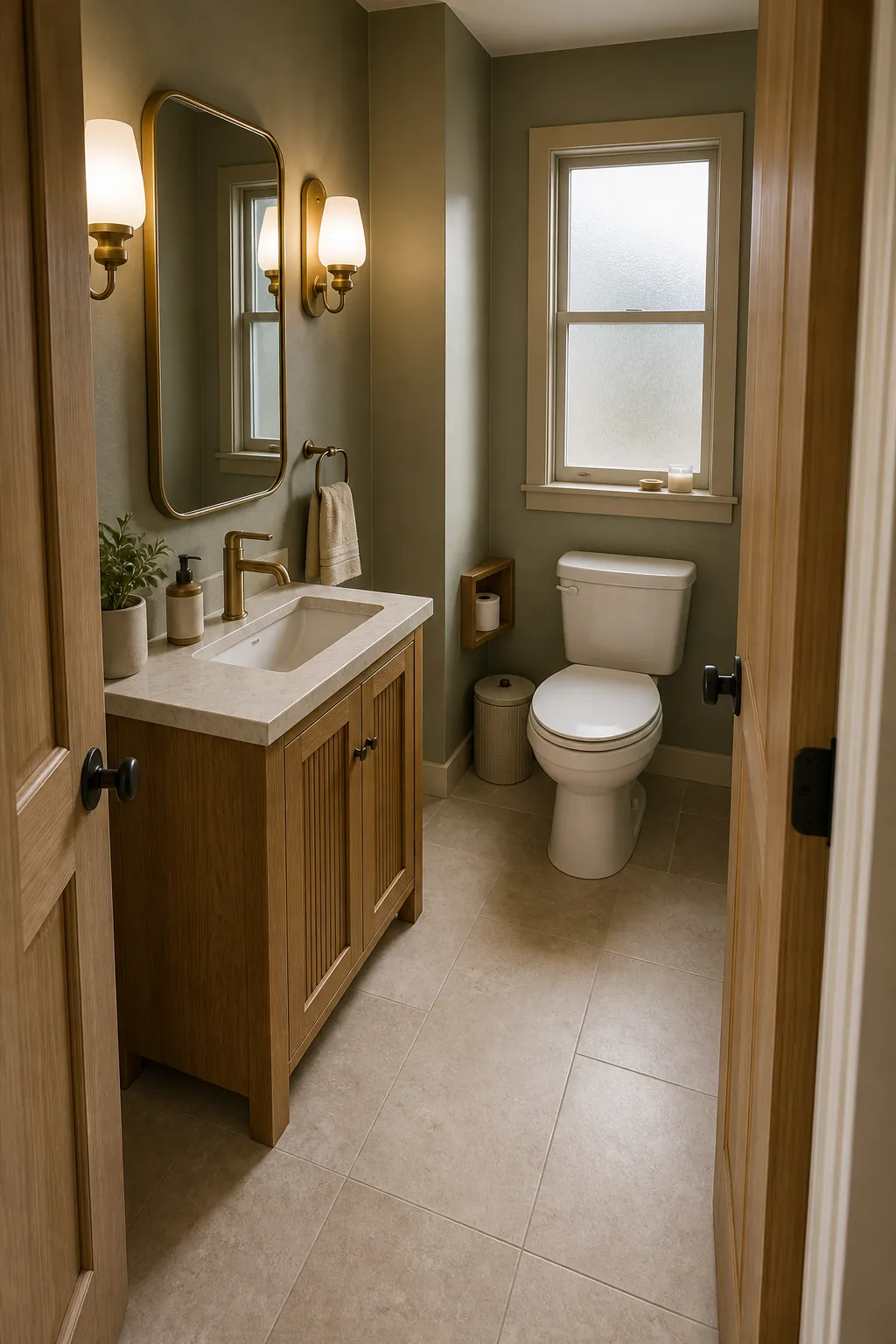 Finished guest half bathroom checked from a visitor's viewpoint