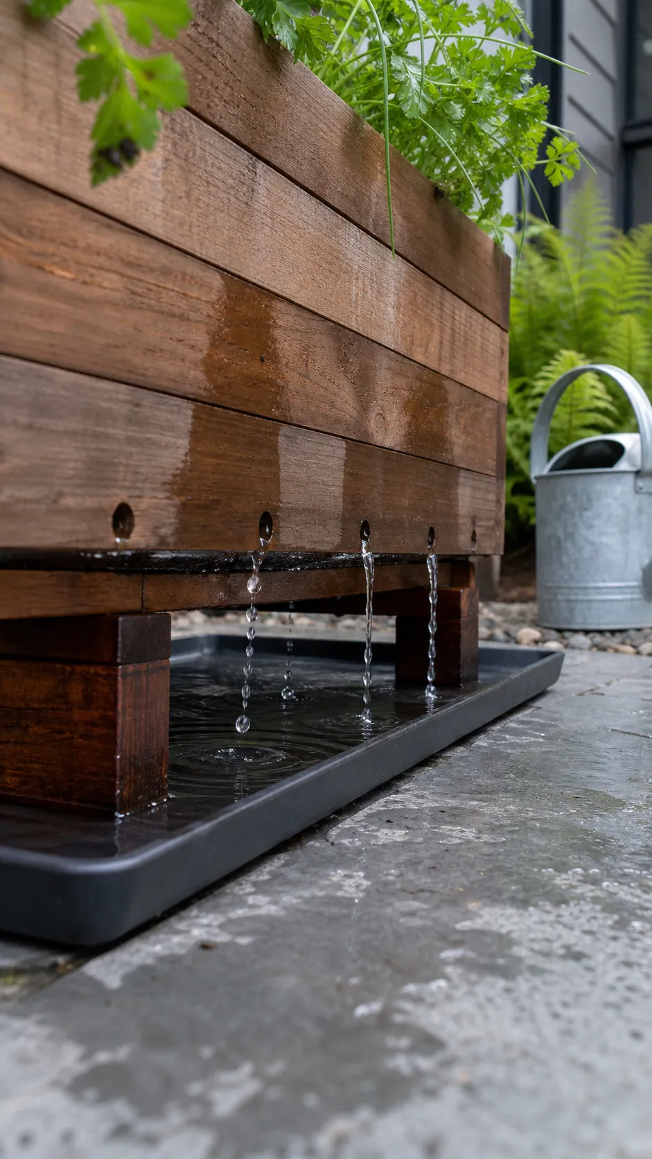Drainage holes and raised feet on the base of a DIY herb planter