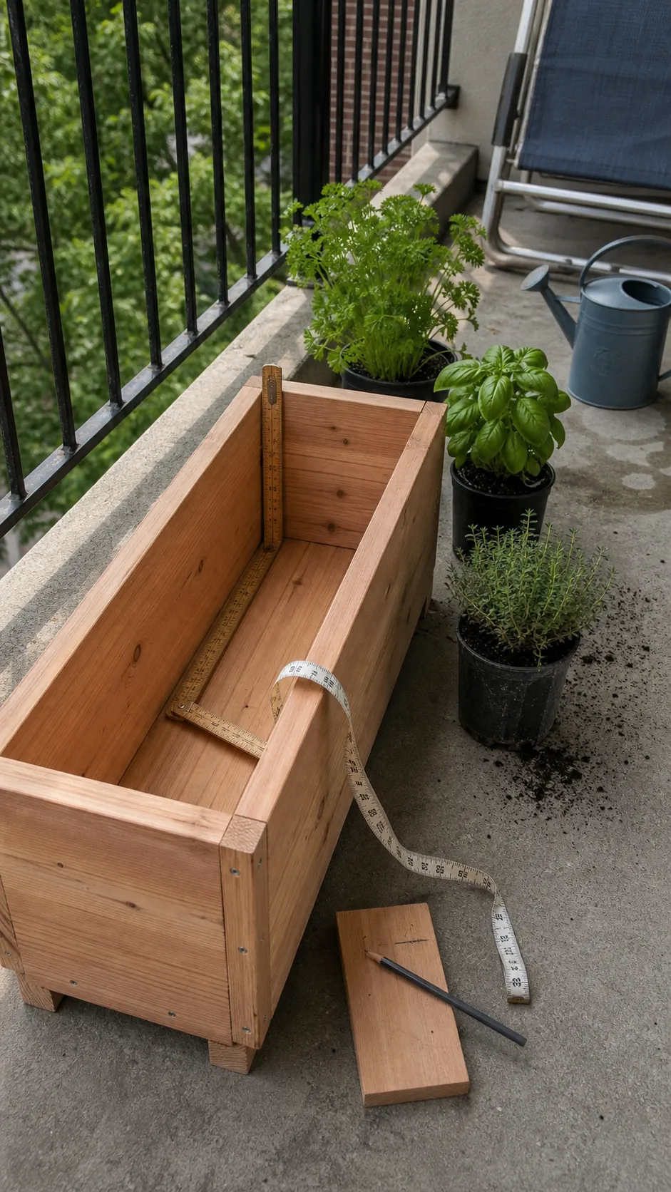 Wooden DIY herb planter beside measuring tape and herb seedlings