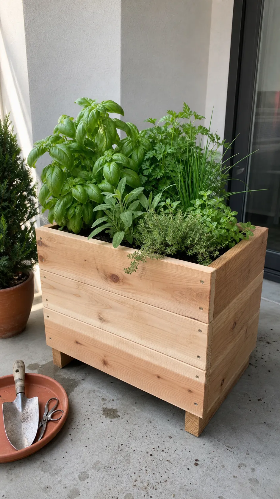 Finished cedar DIY herb planter filled with healthy culinary herbs