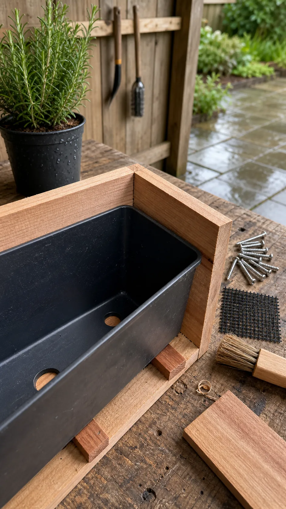 Food-safe liner fitted inside an unfinished cedar herb planter
