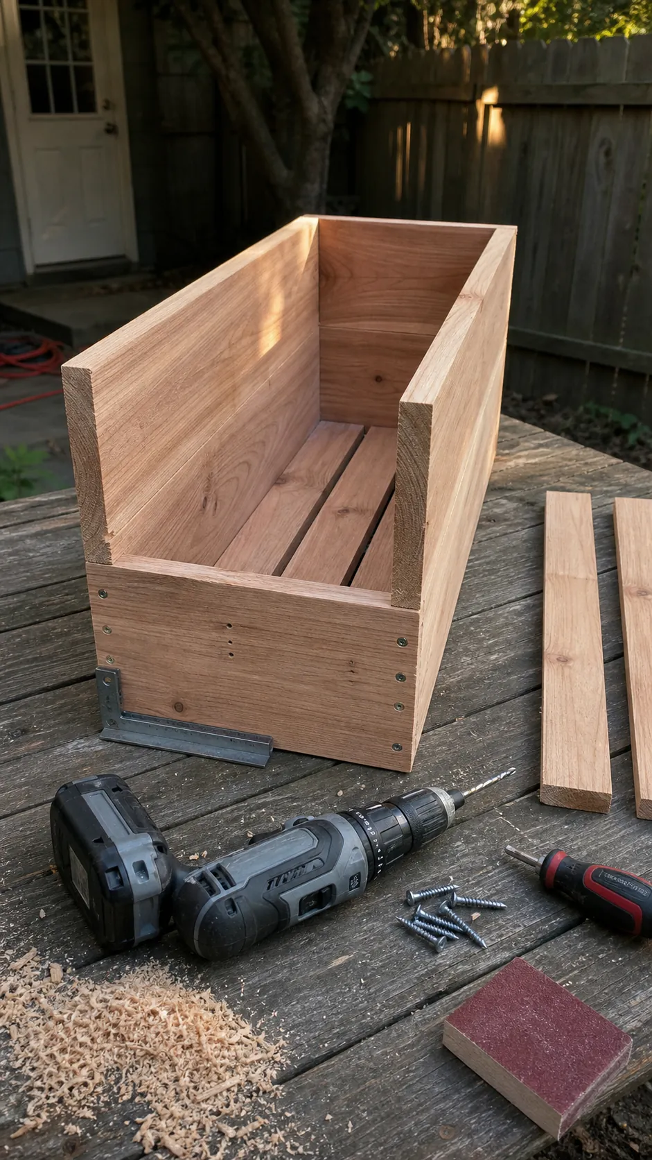 Partly assembled cedar DIY herb planter with exterior screws