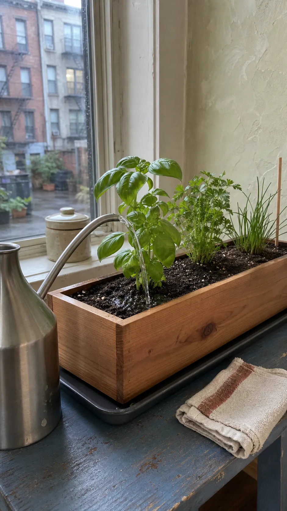 Freshly planted herbs receiving a slow thorough watering