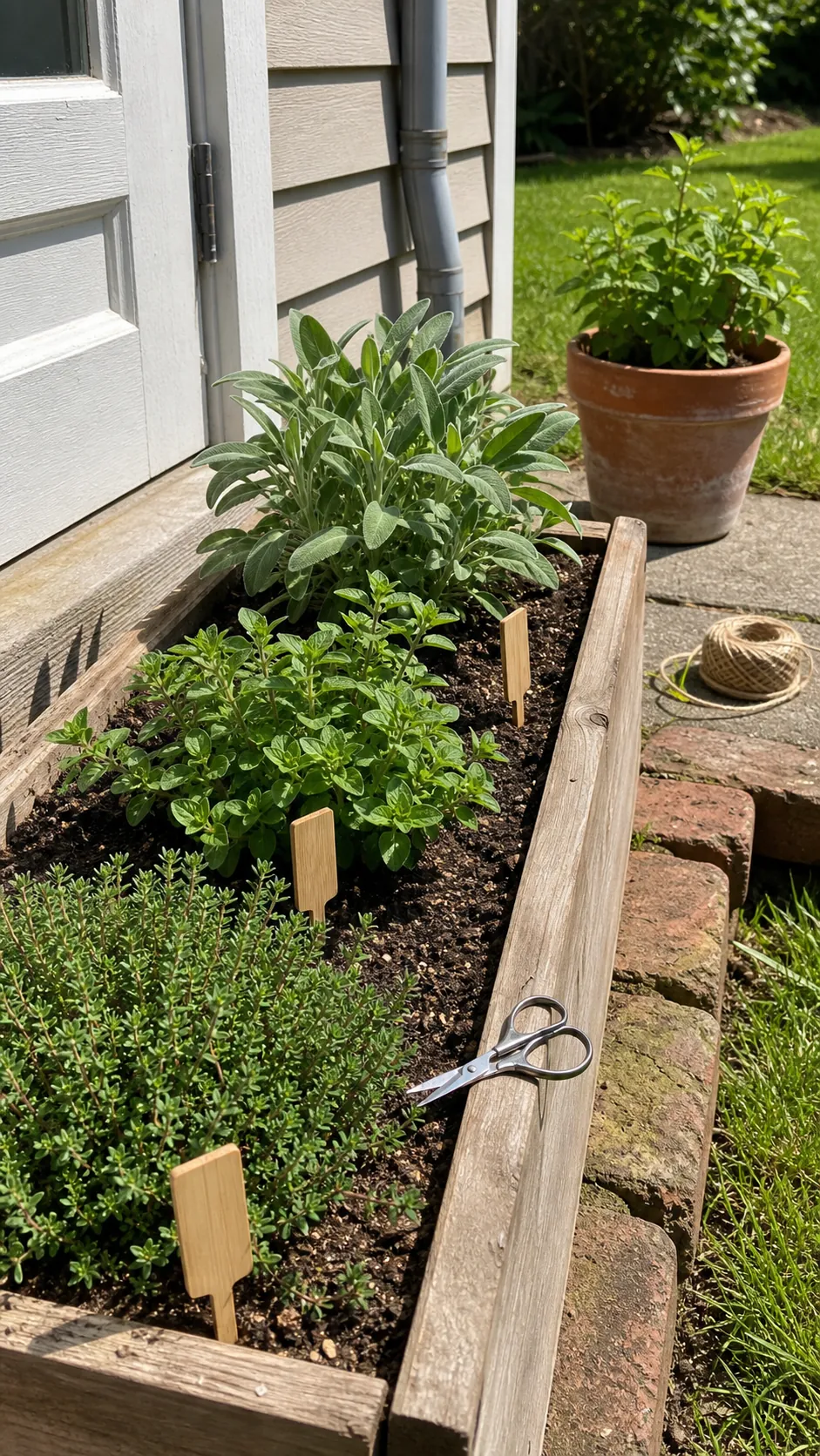 Thyme oregano and sage spaced in a sunny herb planter