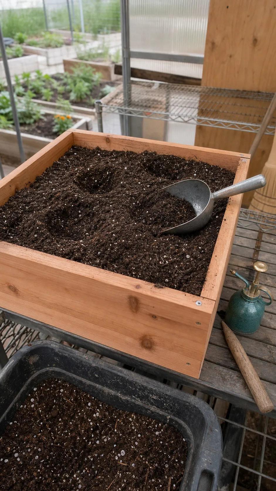 Loose potting mix being added to a cedar herb planter