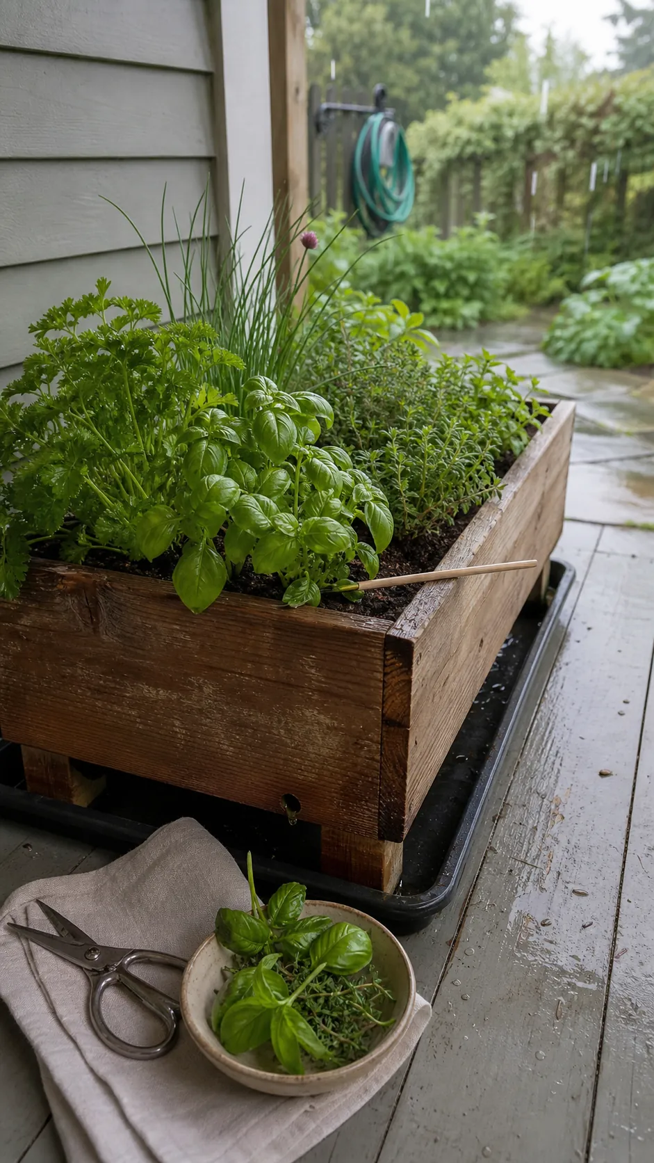 Maintained patio herb planter with clear drainage and trimmed herbs