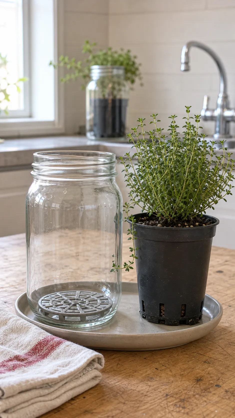 Wide-mouth mason jar used as a cachepot for a draining herb pot
