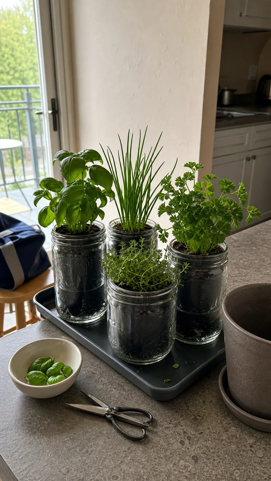 Compact basil chives and thyme growing separately in mason jar cachepots