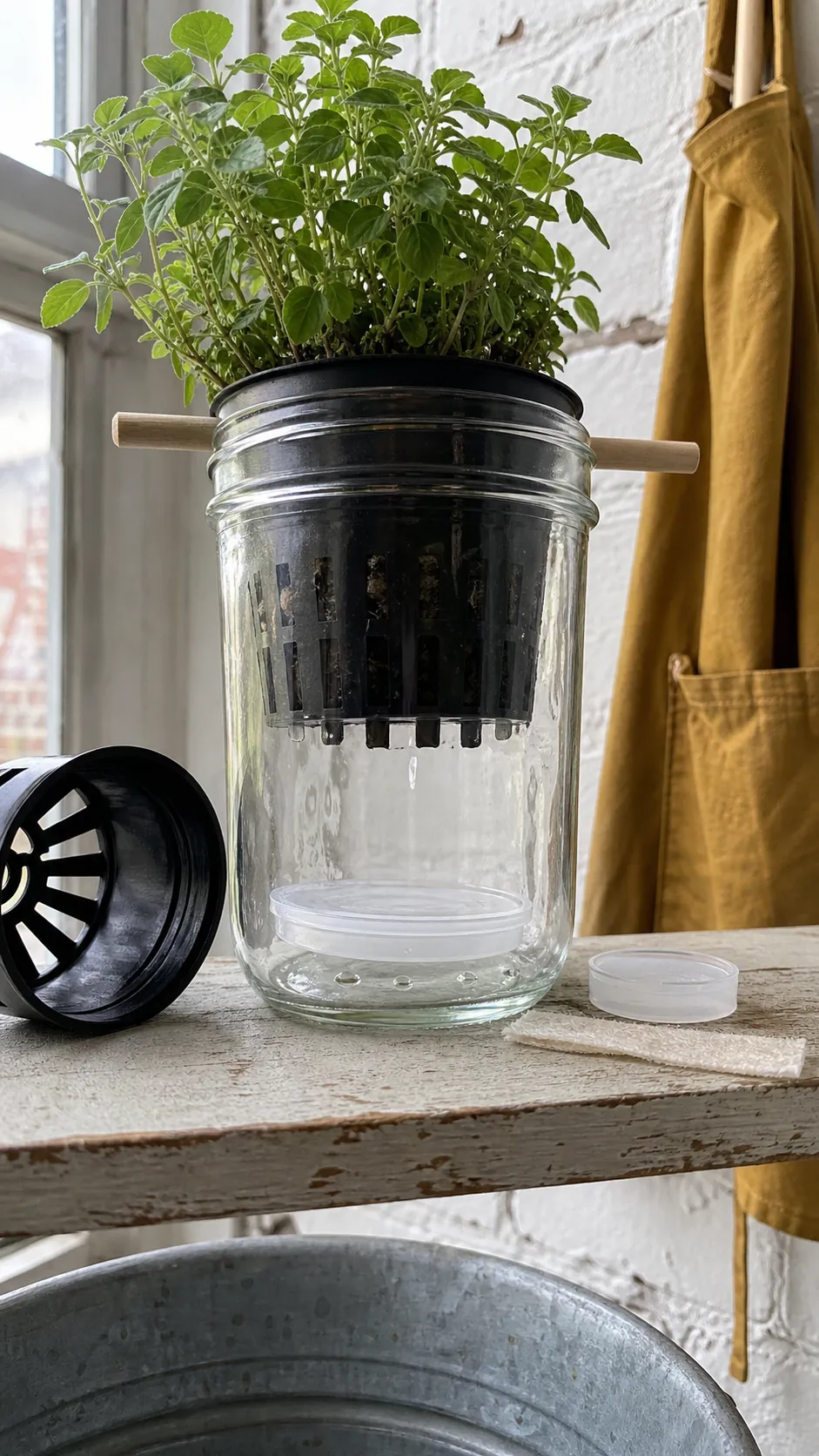 Slotted herb pot and low spacer fitted inside a clear mason jar