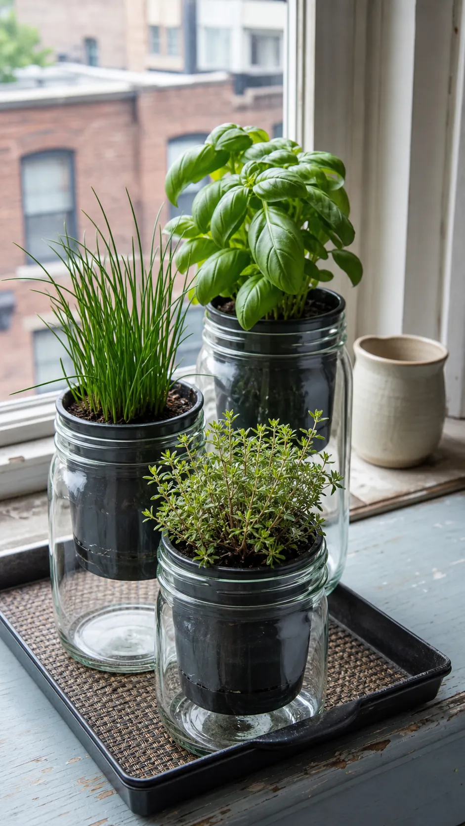 Healthy indoor herbs in draining inserts inside clear mason jar cachepots