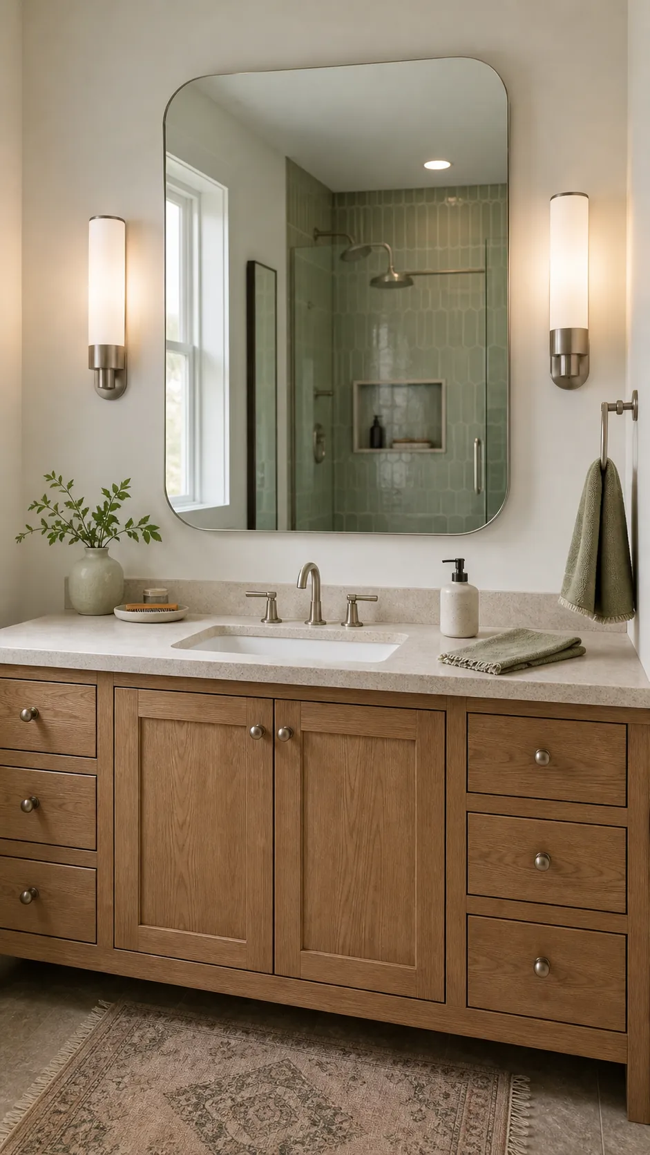 Elegant bathroom vanity mirror with balanced sconces and layered lighting
